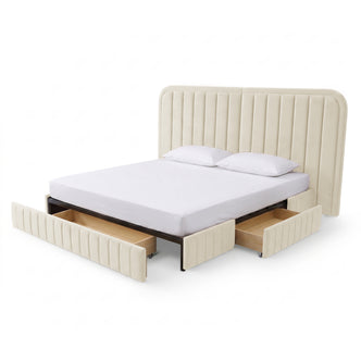 Cream upholstered platform bed with under-bed storage drawers on white background
