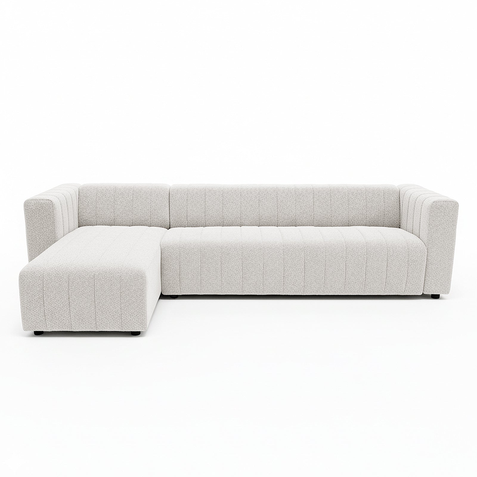 Parisa 4 Seater Tufted Boucle Sofa with Chaise in Cream White, featuring a modern L-shape, channel tufting, and low feet, offers a spacious chaise for lounging in style.