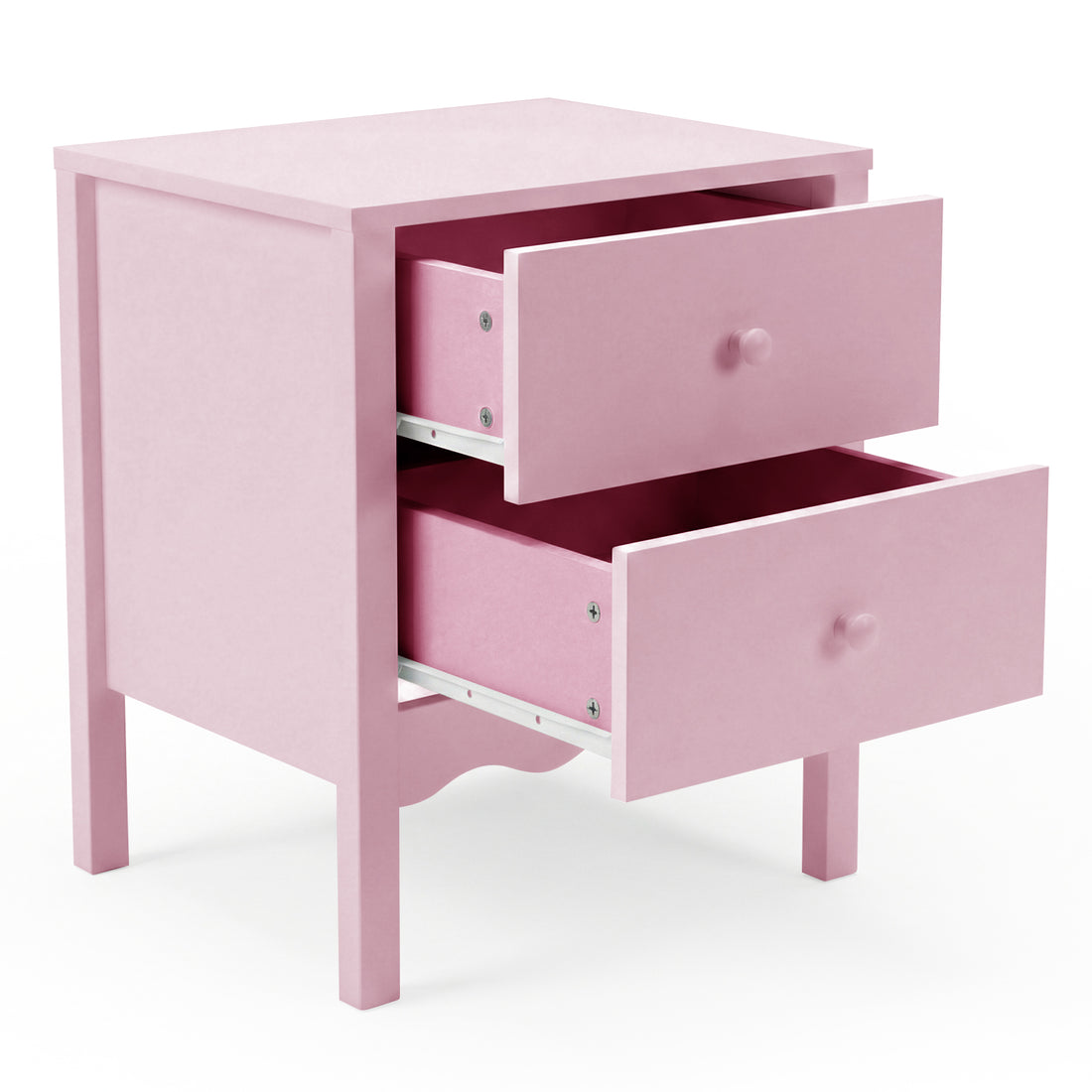 Pastel pink two-drawer side table at a three-quarter angle on white background