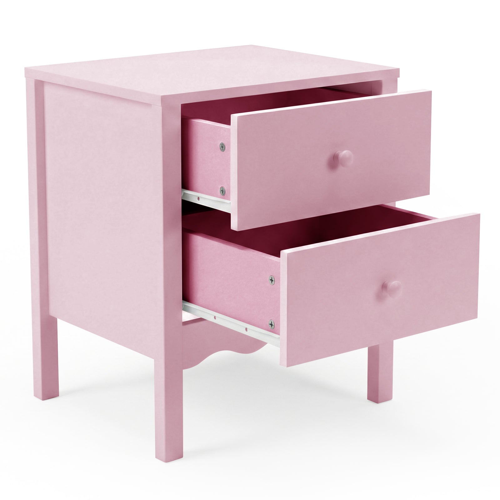 Pastel pink two-drawer side table at a three-quarter angle on white background