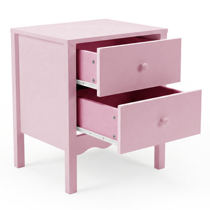 Pastel pink two-drawer side table at a three-quarter angle on white background