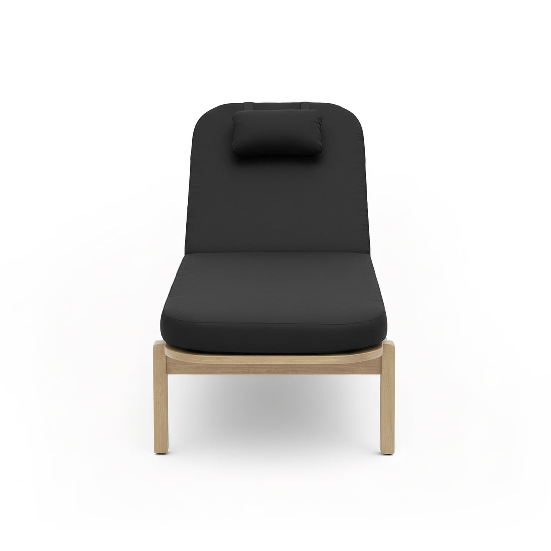 Zyra Hardwood Reclining Sun Lounger with Cushion in Black featuring a light wood frame, thick upholstered cushion, and attached head-pillow, showcasing its modern design and functional reclining backrest.