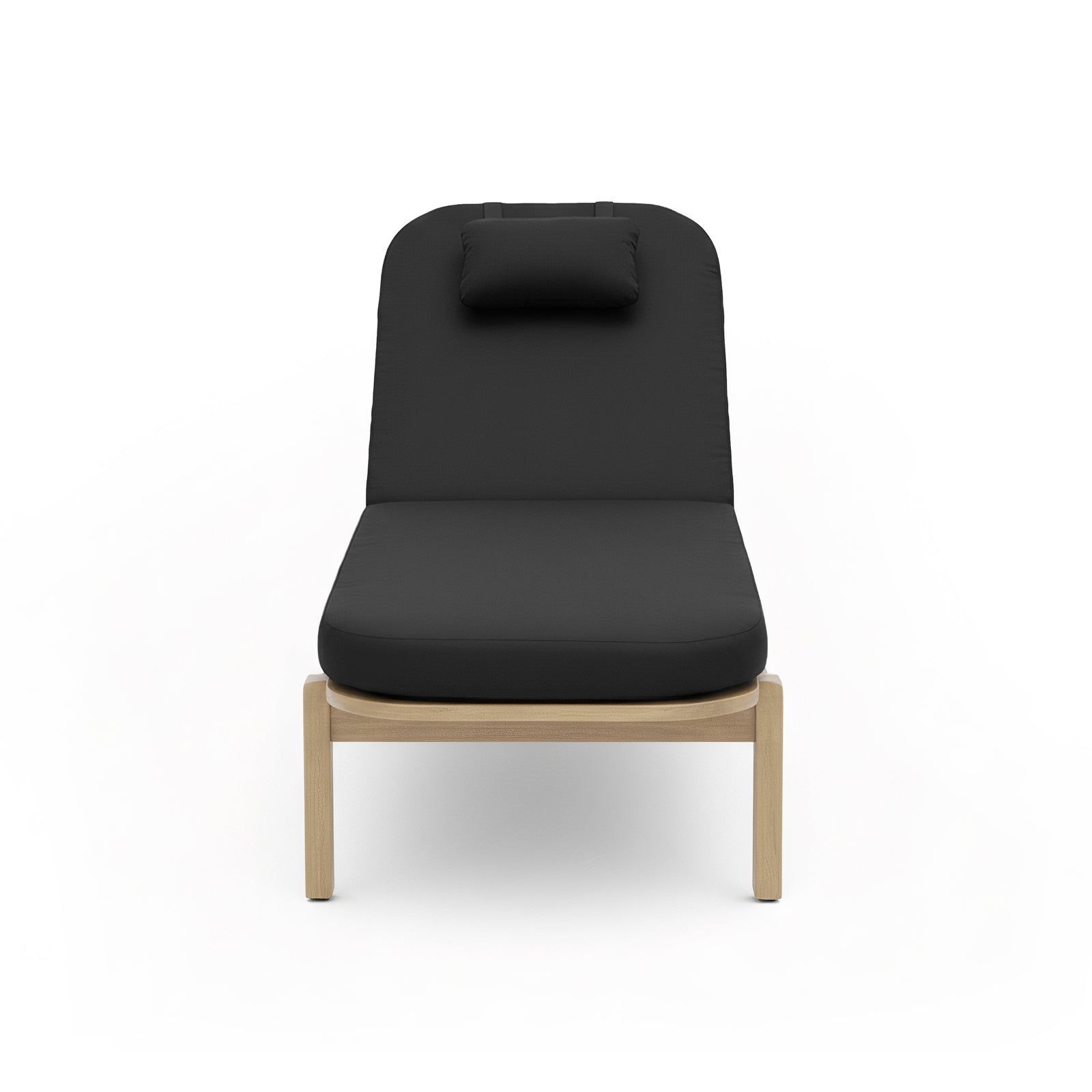 Zyra Hardwood Reclining Sun Lounger with Cushion in Black featuring a light wood frame, thick upholstered cushion, and attached head-pillow, showcasing its modern design and functional reclining backrest.