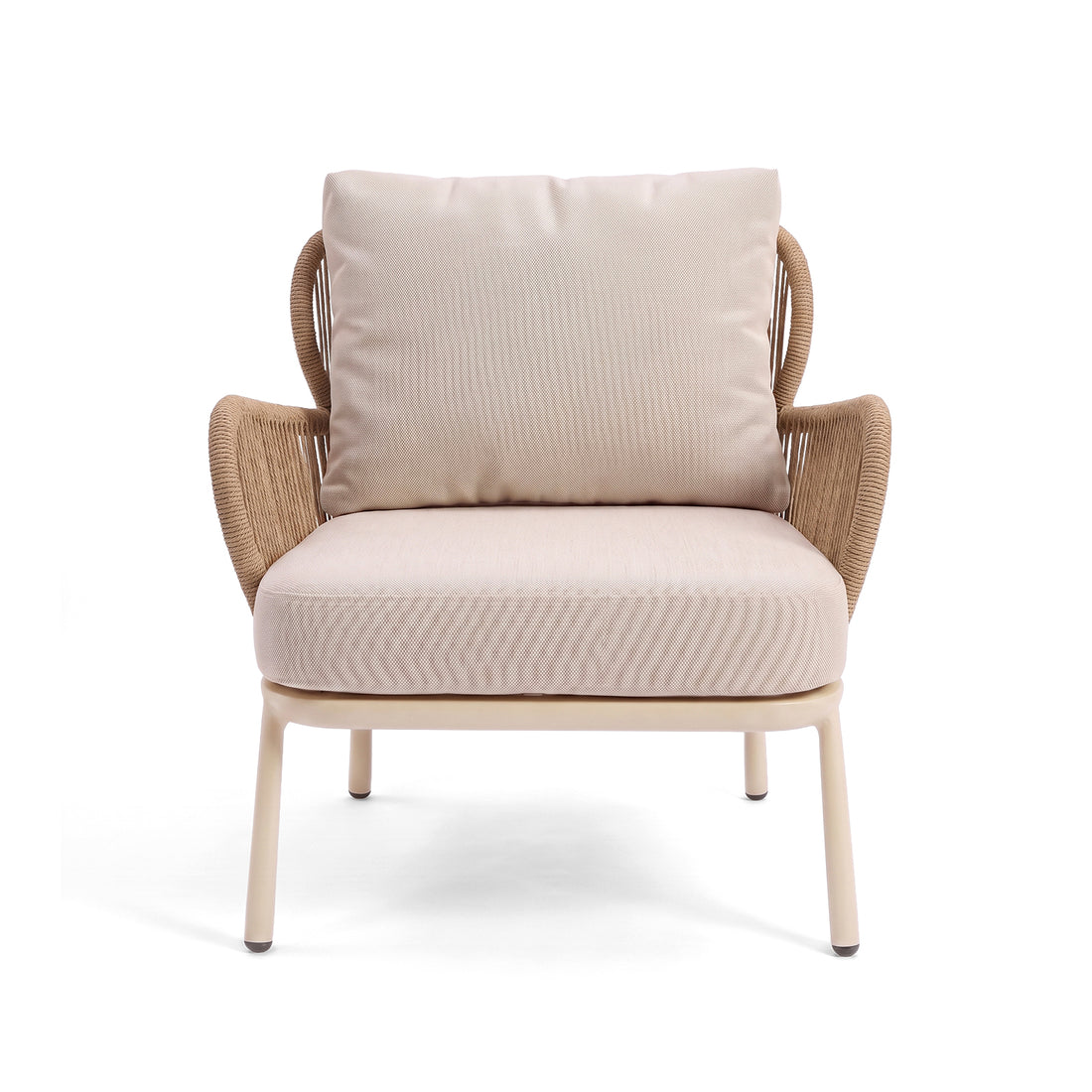 Modern armchair with beige cushions and woven armrests on a white background