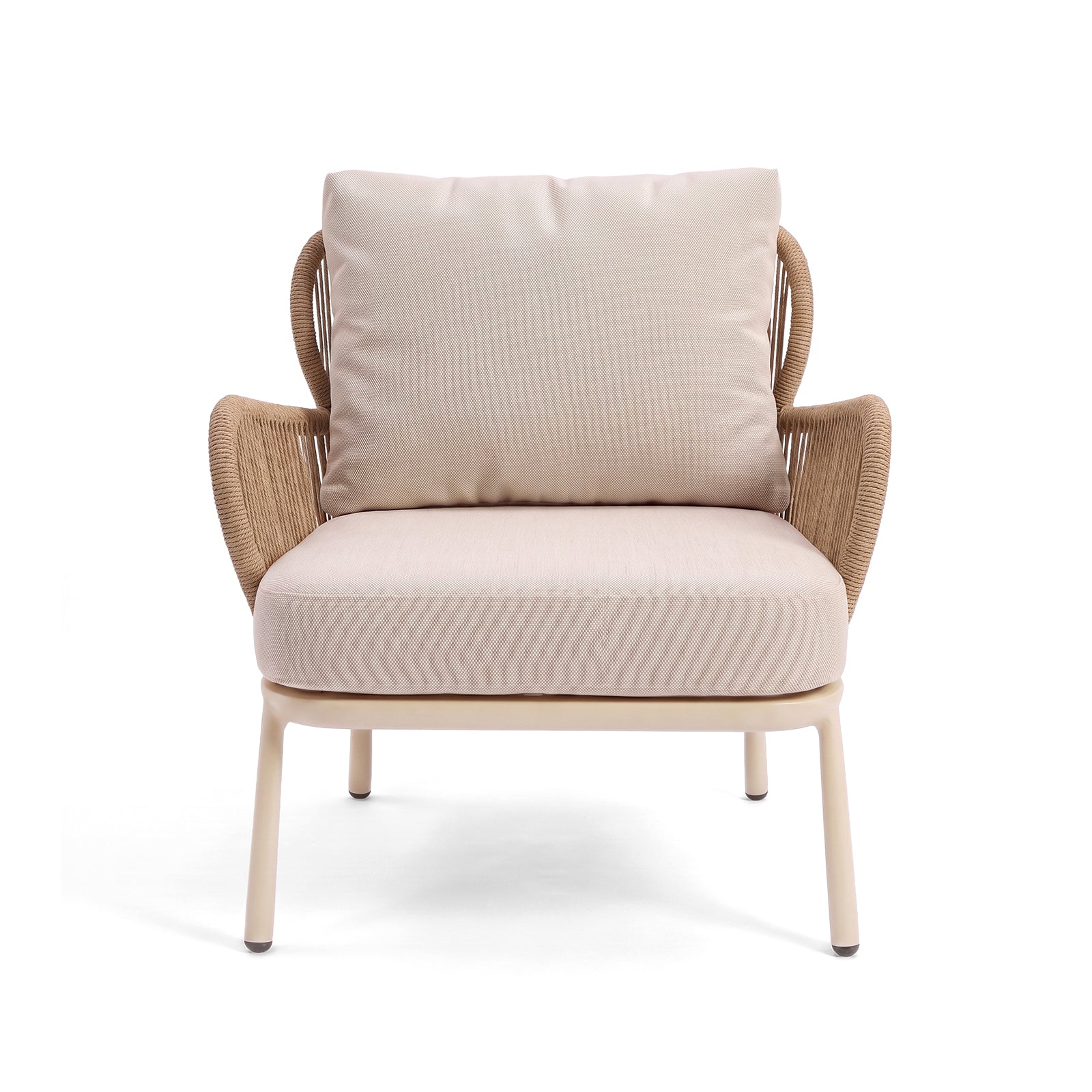 Modern armchair with beige cushions and woven armrests on a white background