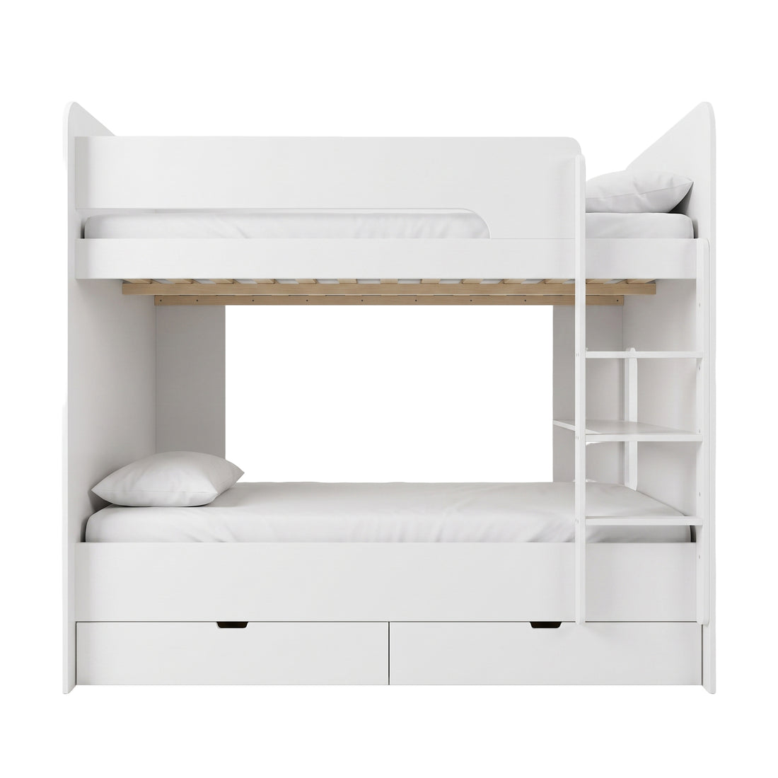 White bunk bed with two beds, ladder, and storage drawers on a white background