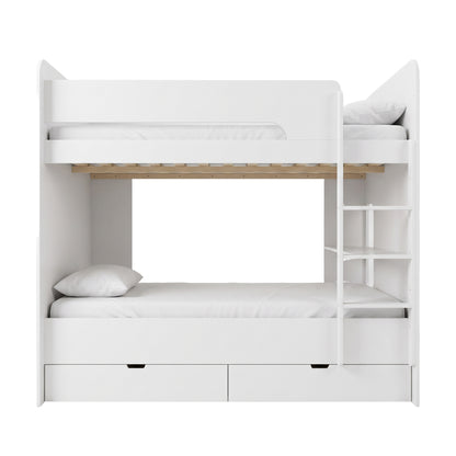 White bunk bed with two beds, ladder, and storage drawers on a white background