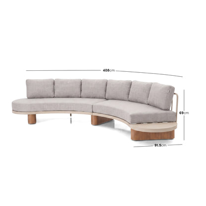 Curved sectional sofa on a white background with dimension labels showing length, depth, and height in centimeters.