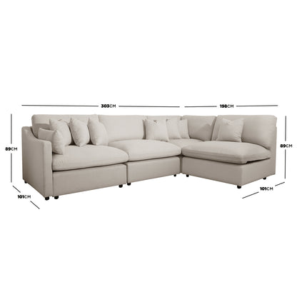 Beige L-shaped sectional sofa on a white background with dimension measurements shown