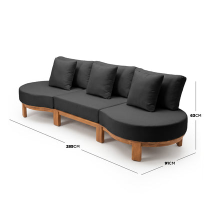 Sectional sofa on white background with dimensions labeled 285cm by 91cm by 63cm