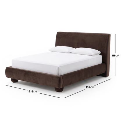 Full upholstered bed on white background with dimensions labeled