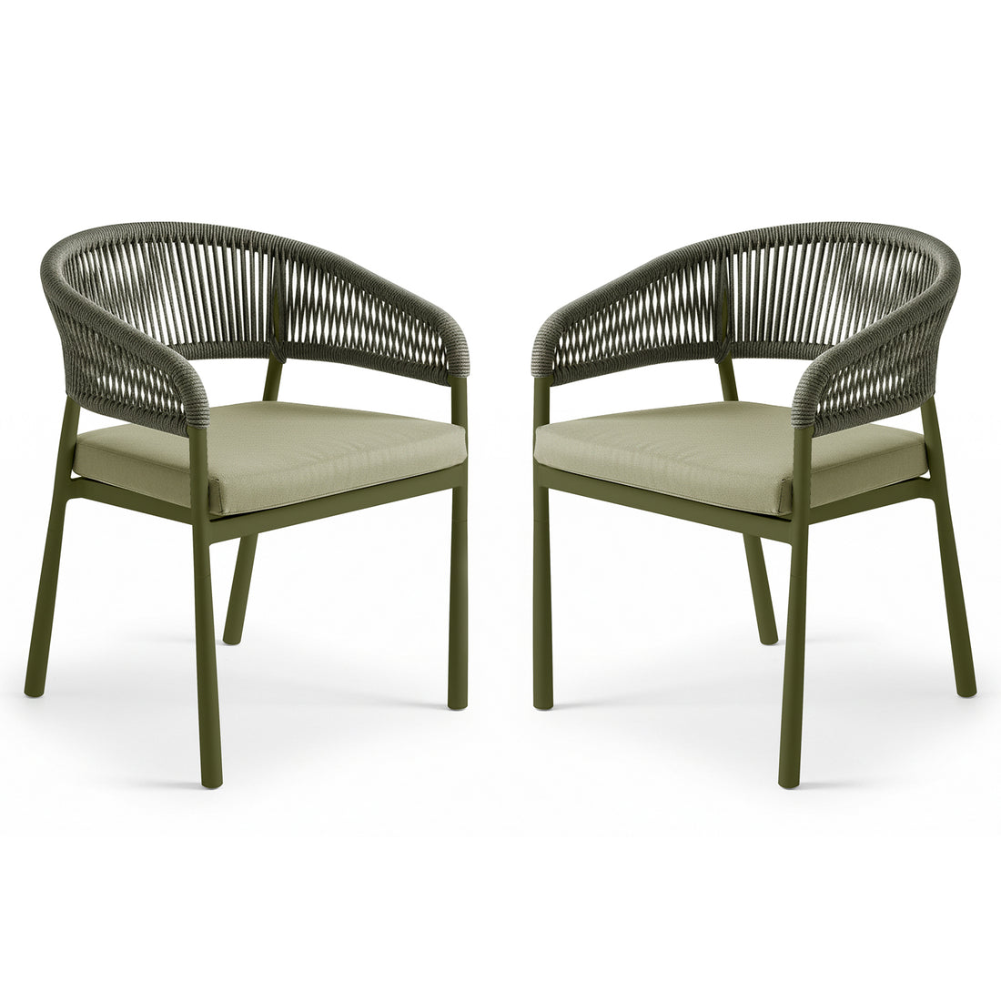 Coastal Outdoor Rope Dining Chairs Set of 2 in Green, featuring olive-metal frames, woven rope back and arms, and cushioned seats, designed for outdoor use, showcasing modern coastal style and durability.