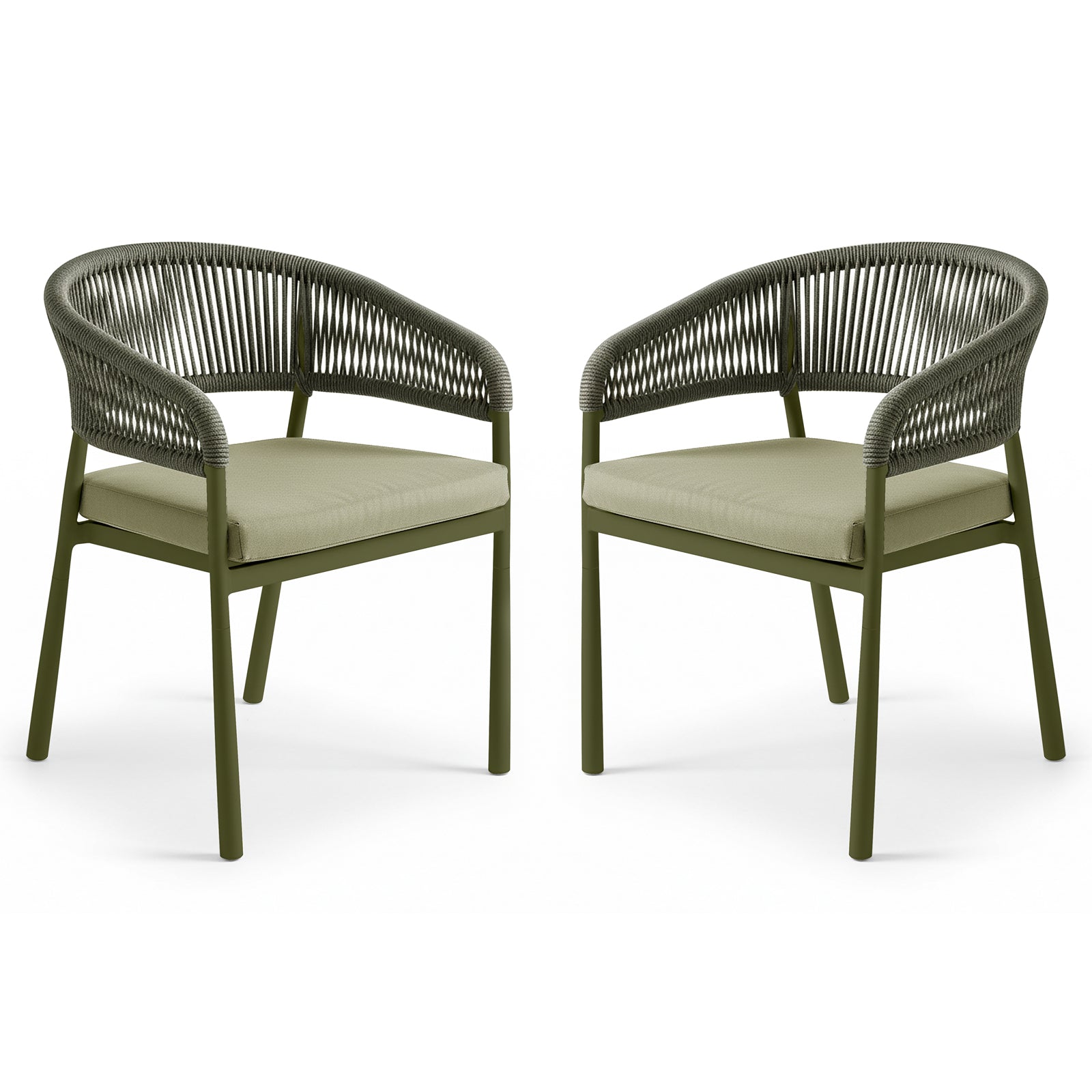 Coastal Outdoor Rope Dining Chairs Set of 2 in Green, featuring olive-metal frames, woven rope back and arms, and cushioned seats, designed for outdoor use, showcasing modern coastal style and durability.