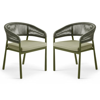 Coastal Outdoor Rope Dining Chairs Set of 2 in Green, featuring olive-metal frames, woven rope back and arms, and cushioned seats, designed for outdoor use, showcasing modern coastal style and durability.