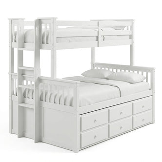White wooden twin-over-full bunk bed with pull-out drawers on white background