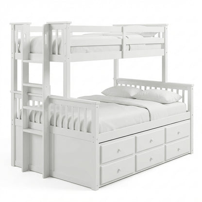 White wooden twin-over-full bunk bed with pull-out drawers on white background