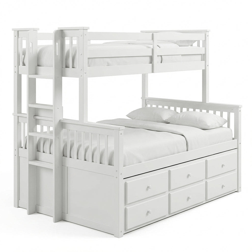 Nash Solid Wood Triple Bunk Bed with Storage Trundle in White