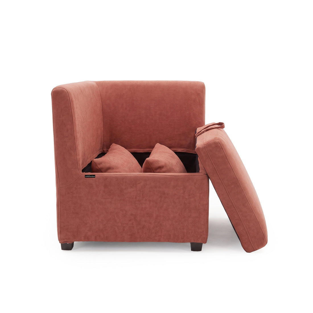 Terracotta storage chair with the seat cushion removed