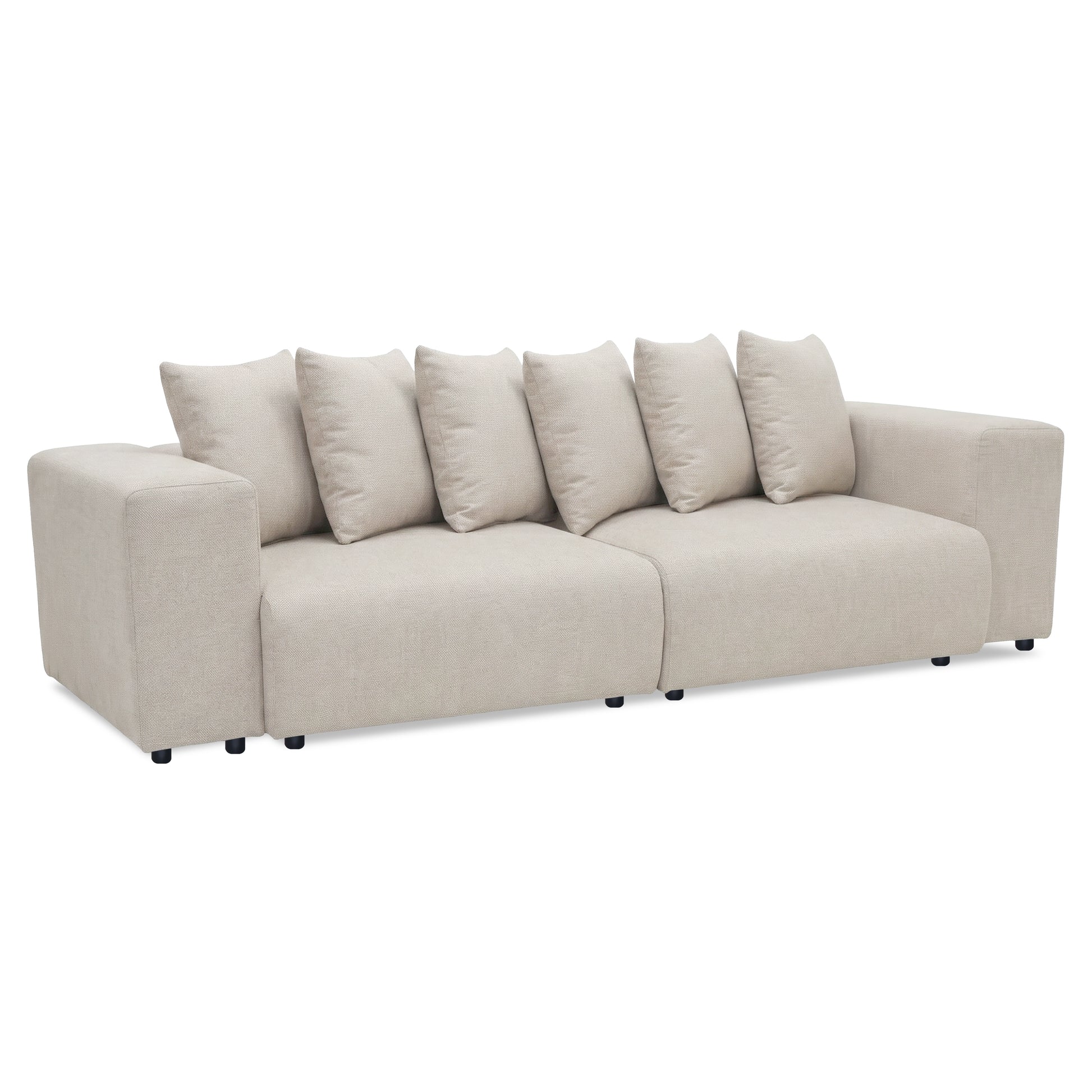 Beige sectional sofa with six cushions on white background