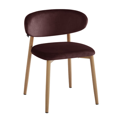 Audrey Fabric Dining Chair Set of 2 in Dark Plum, featuring a padded, upholstered seat with a rounded backrest in dark burgundy fabric, supported by four straight wooden legs with a natural finish.