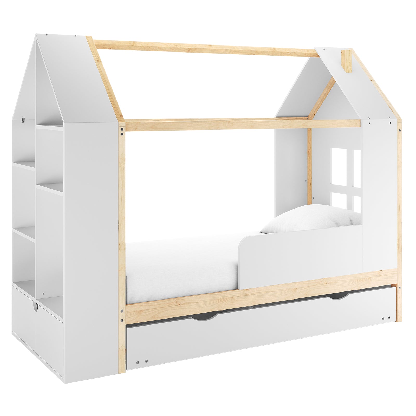 Haron Single Cubby House Bed Storage in White & Natural features a house-style frame with light wood posts, built-in shelving, a pull-out drawer, guardrail, and window cut-out, creating a playful, organized space.