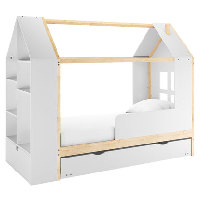 Haron Single Cubby House Bed Storage in White & Natural features a house-style frame with light wood posts, built-in shelving, a pull-out drawer, guardrail, and window cut-out, creating a playful, organized space.