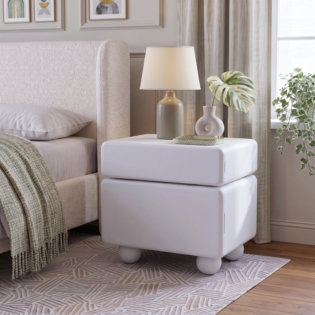 White rounded nightstand styled beside a bed in a bright bedroom
