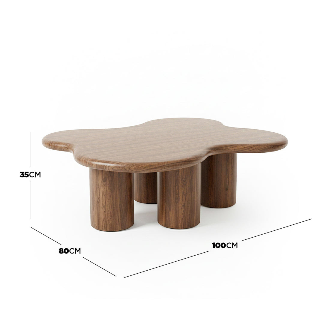 Coffee table with dimensions indicated on white background