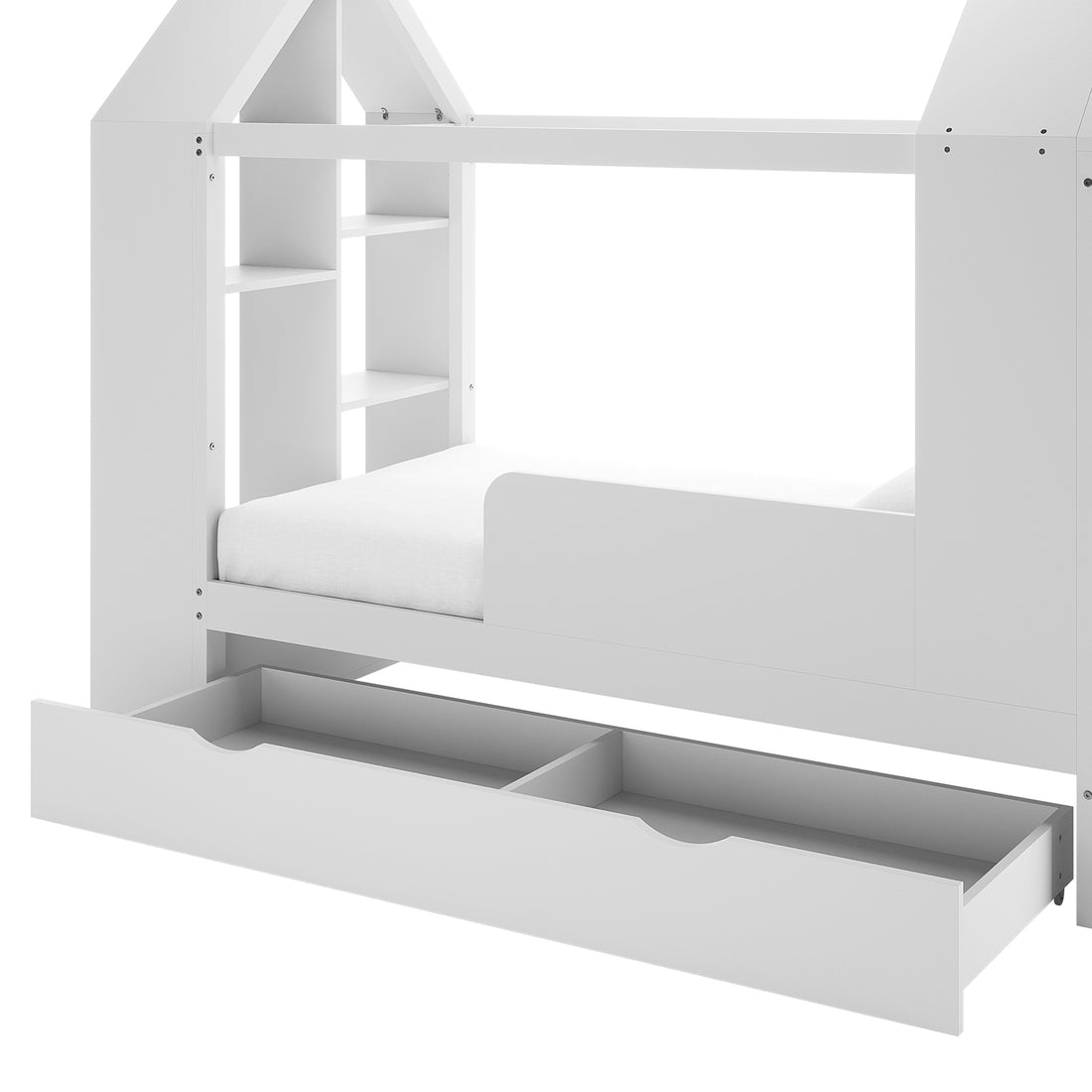 Haron Single Cubby House Bed Storage in White, featuring a house-shaped frame, built-in shelving, and a large pull-out drawer beneath the mattress platform for efficient organization.