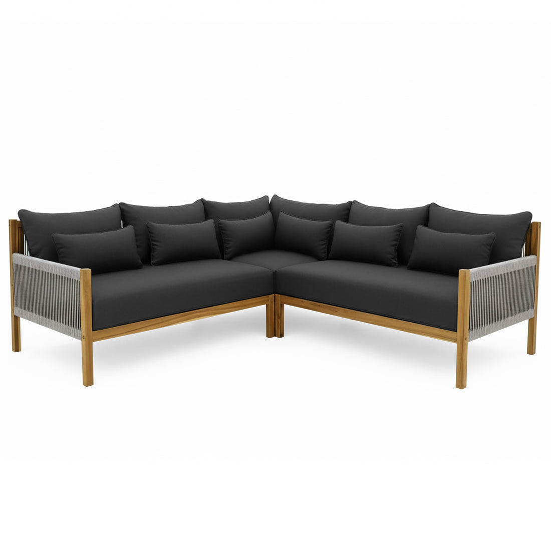 Tavi 5 Seater Solid Timber L Shape Outdoor Sofa features a modern L-shaped design with a light wooden frame, dark cushions, and rope-woven side panels, ideal for outdoor lounging.