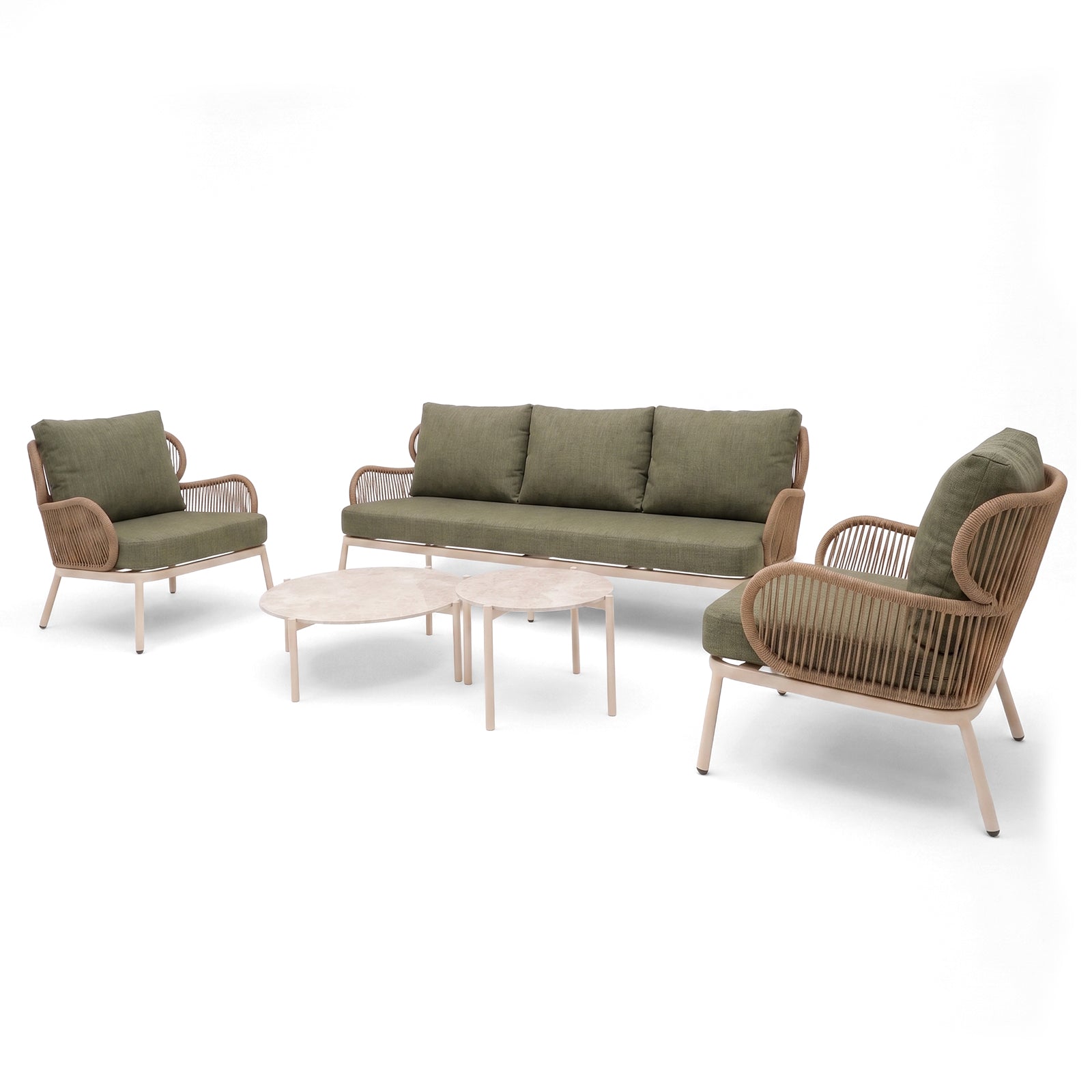 Complete outdoor furniture set with sofa, two armchairs, and two coffee tables on a white background
