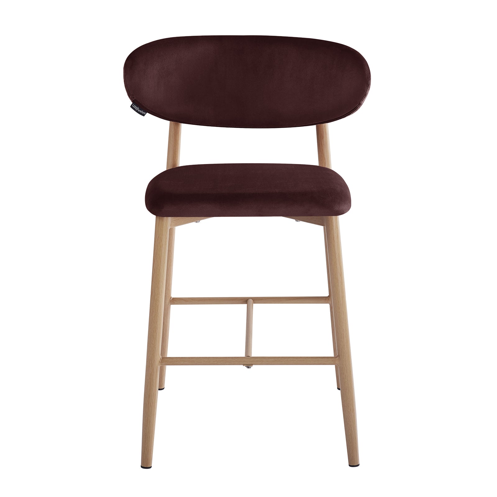 Audrey Fabric Upholstered Barstool Set of 2 in Dark Plum features a light wood frame, padded velvet-faced seats, oval backrests, and cross-stretchers, offering a chic, comfortable seating solution.