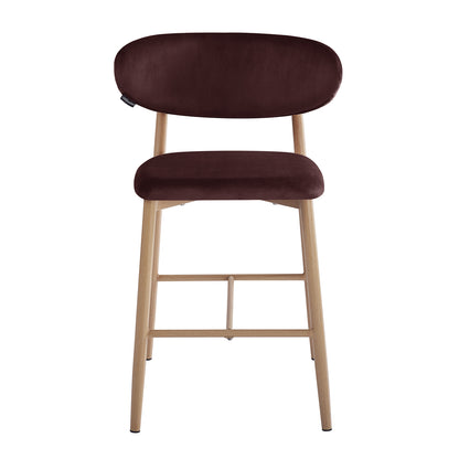 Audrey Fabric Upholstered Barstool Set of 2 in Dark Plum features a light wood frame, padded velvet-faced seats, oval backrests, and cross-stretchers, offering a chic, comfortable seating solution.