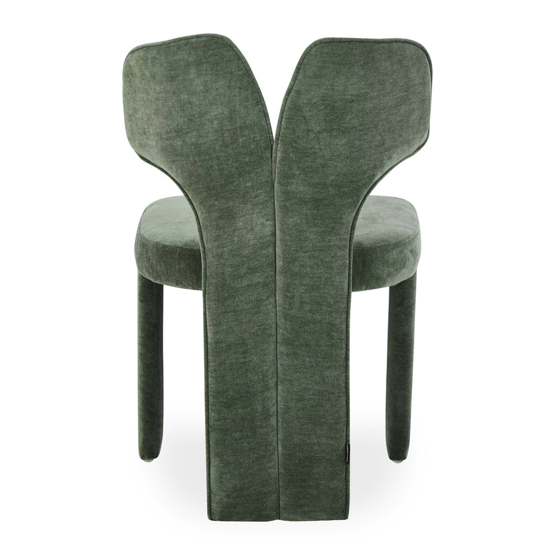 Rear view of green sculptural chair on white background