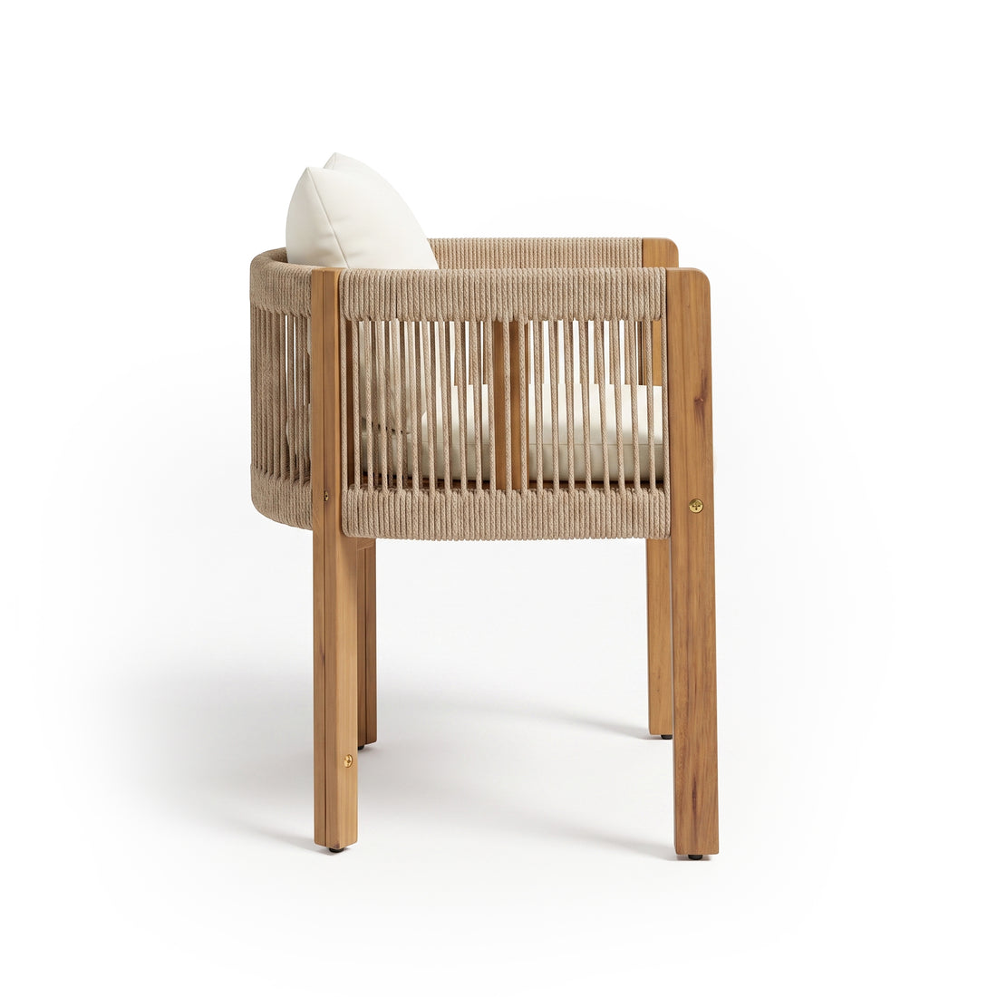 Side view of a wooden armchair with woven rope sides on a white background