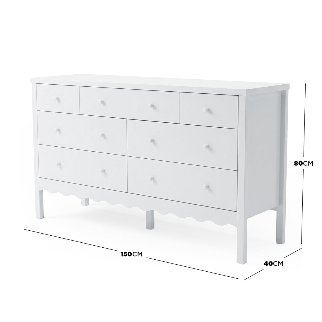 White dresser with black dimension lines showing width, height, and depth on a white background