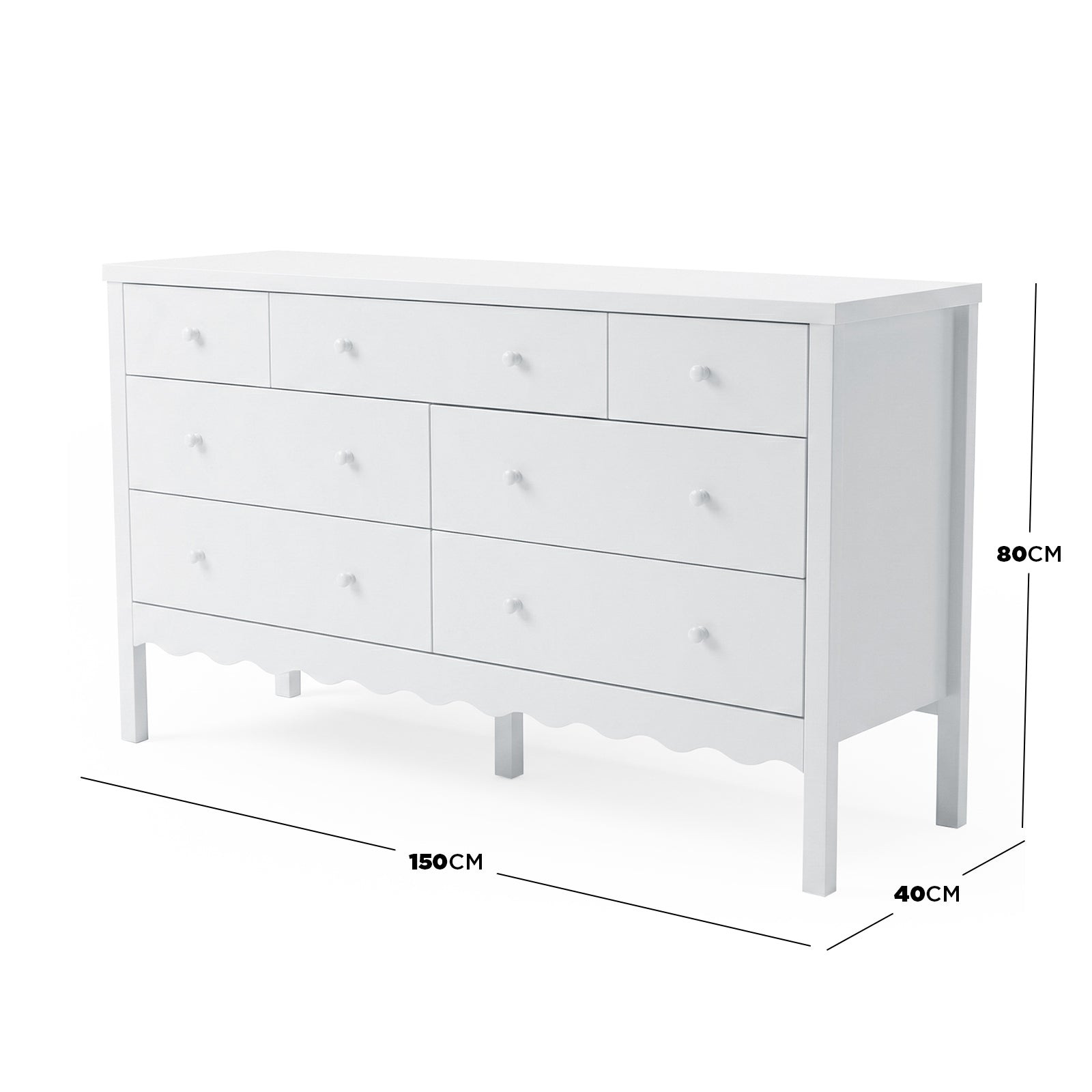 White dresser with black dimension lines showing width, height, and depth on a white background