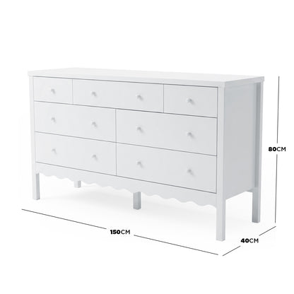 White dresser with black dimension lines showing width, height, and depth on a white background