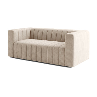 Modern beige tufted sofa shown fully on a white background