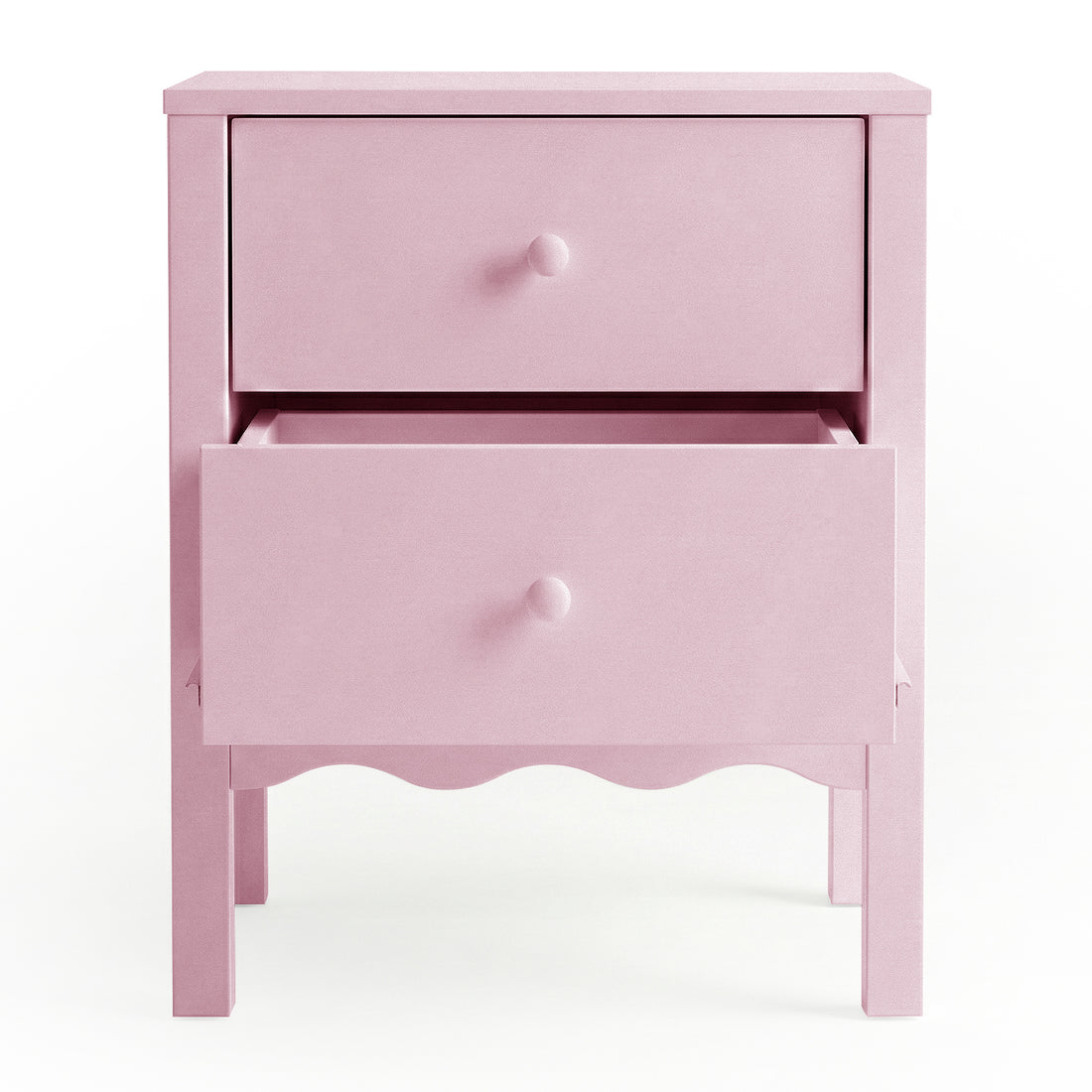 Pink two-drawer nightstand with lower drawer partially open on white background