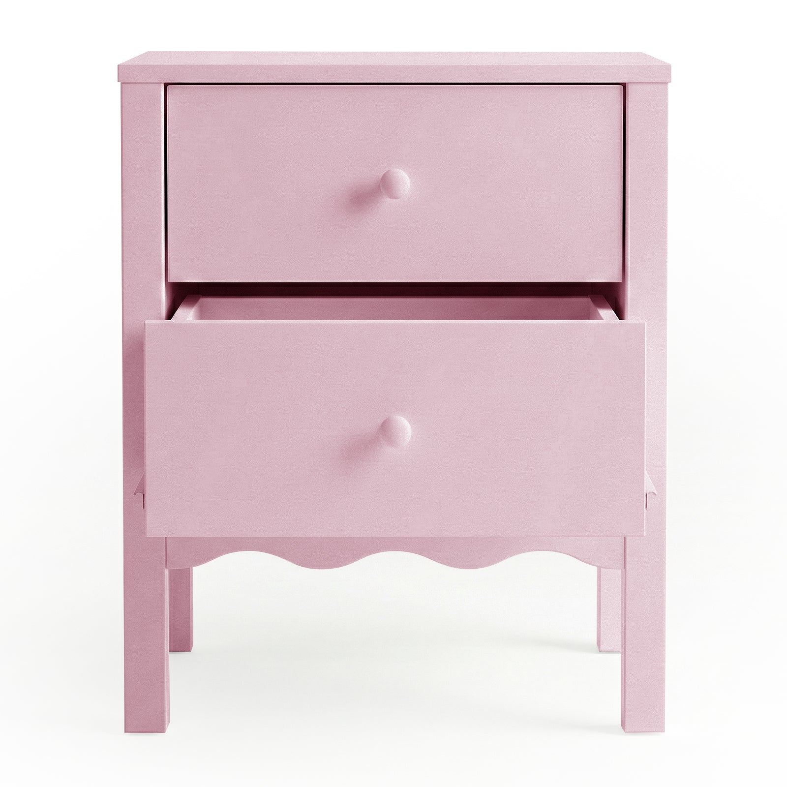 Pink two-drawer nightstand with lower drawer partially open on white background