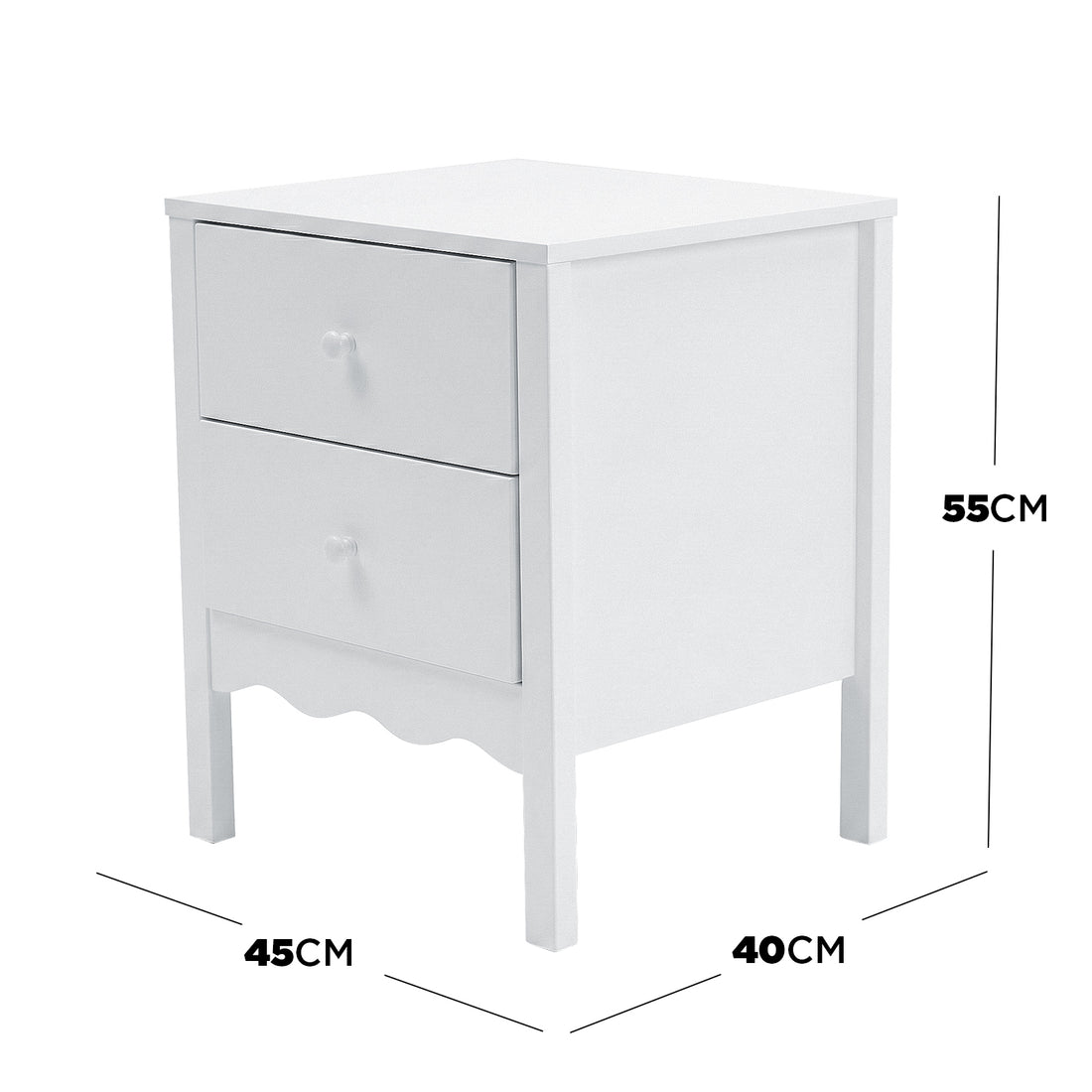 White two-drawer nightstand on white background with 45cm×40cm×55cm dimensions indicated