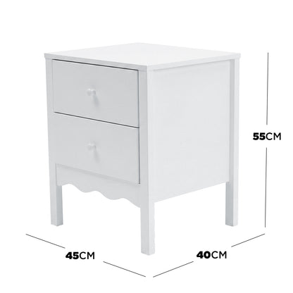 White two-drawer nightstand on white background with 45cm×40cm×55cm dimensions indicated
