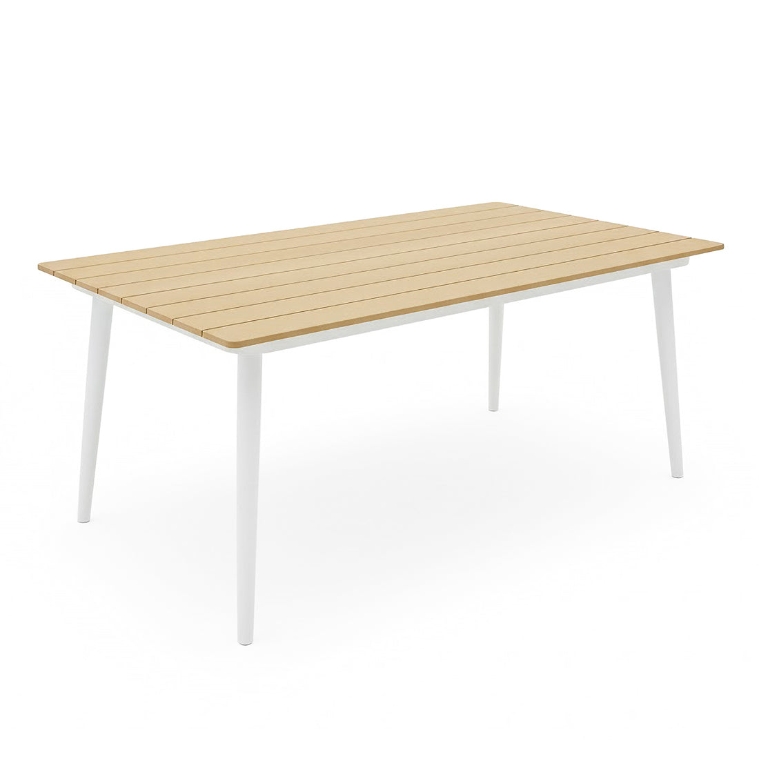 Casara 7 Piece Outdoor Dining Set featuring a light-wood slatted tabletop with white metal legs, designed for seating six, ideal for modern outdoor dining experiences.