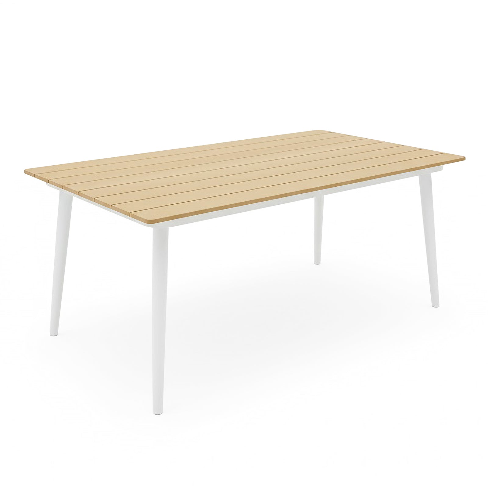 Casara 7 Piece Outdoor Dining Set featuring a light-wood slatted tabletop with white metal legs, designed for seating six, ideal for modern outdoor dining experiences.