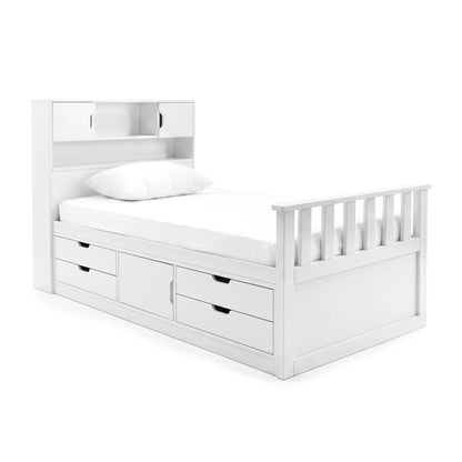 White single bed with built-in drawers and headboard shelving on a white background