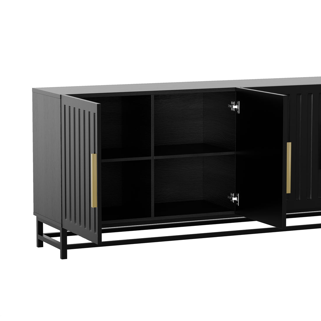 Black sideboard with open doors showing interior shelves on white background