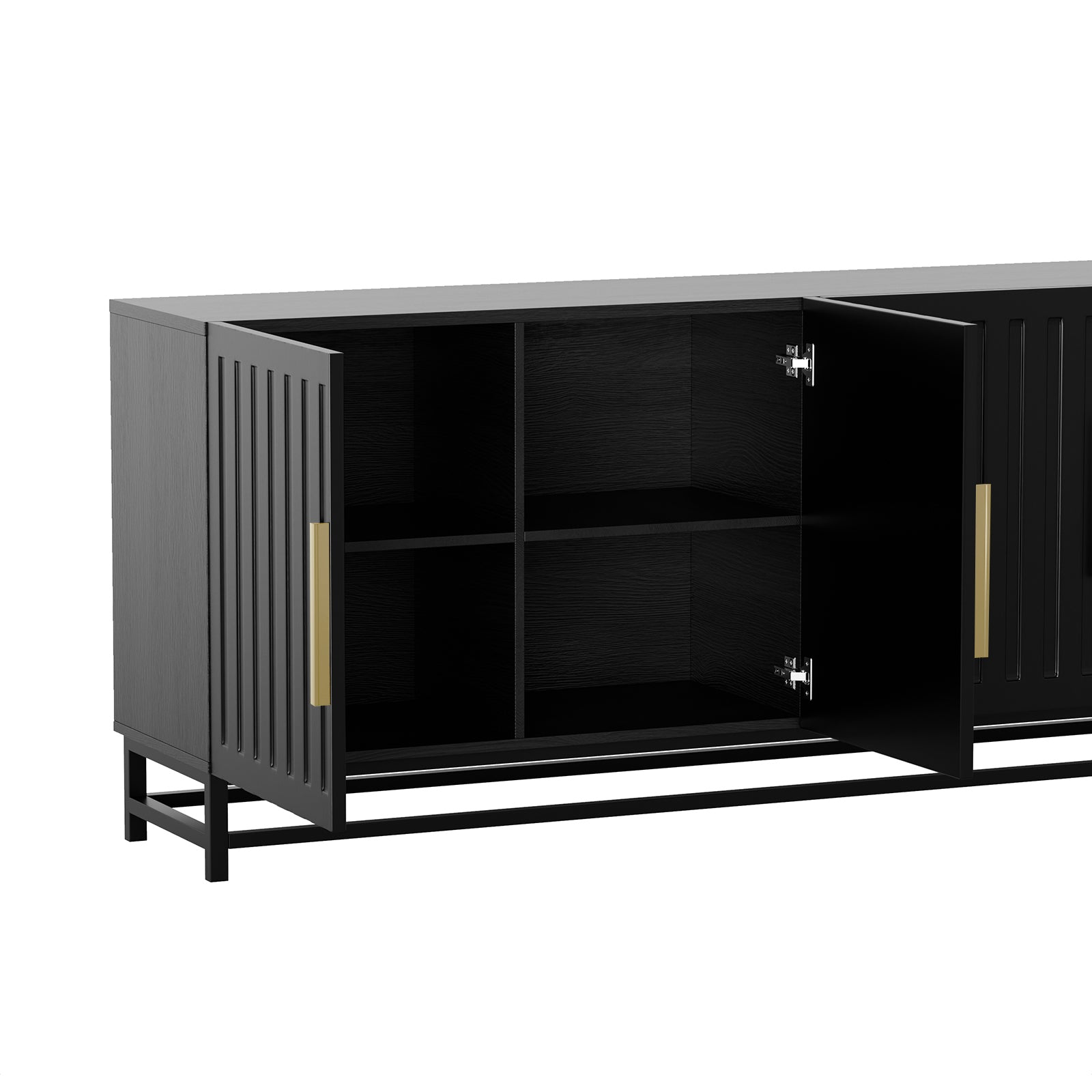 Black sideboard with open doors showing interior shelves on white background