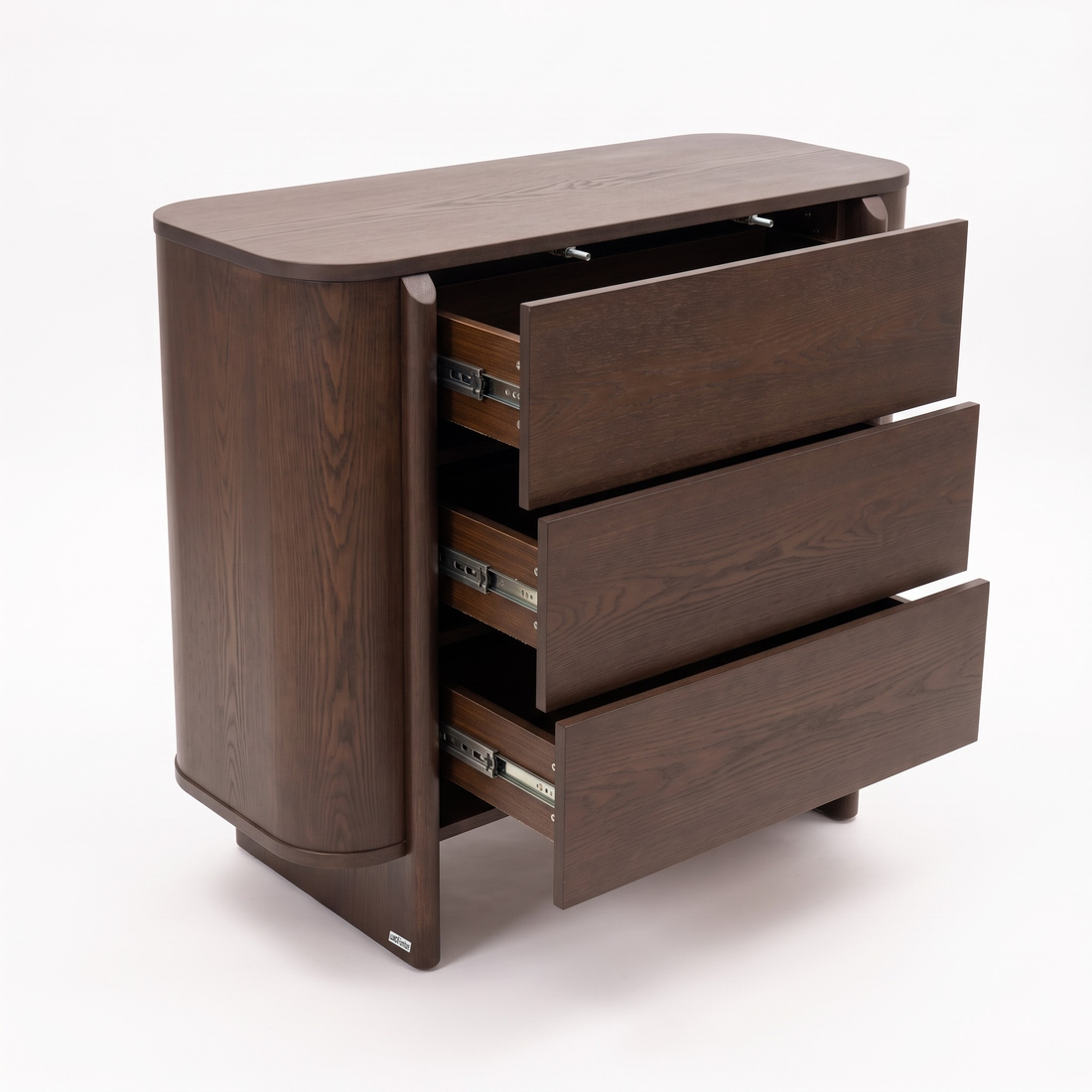 Dark wood three-drawer dresser with all drawers pulled out on a white background