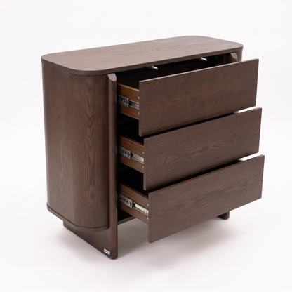 Dark wood three-drawer dresser with all drawers pulled out on a white background